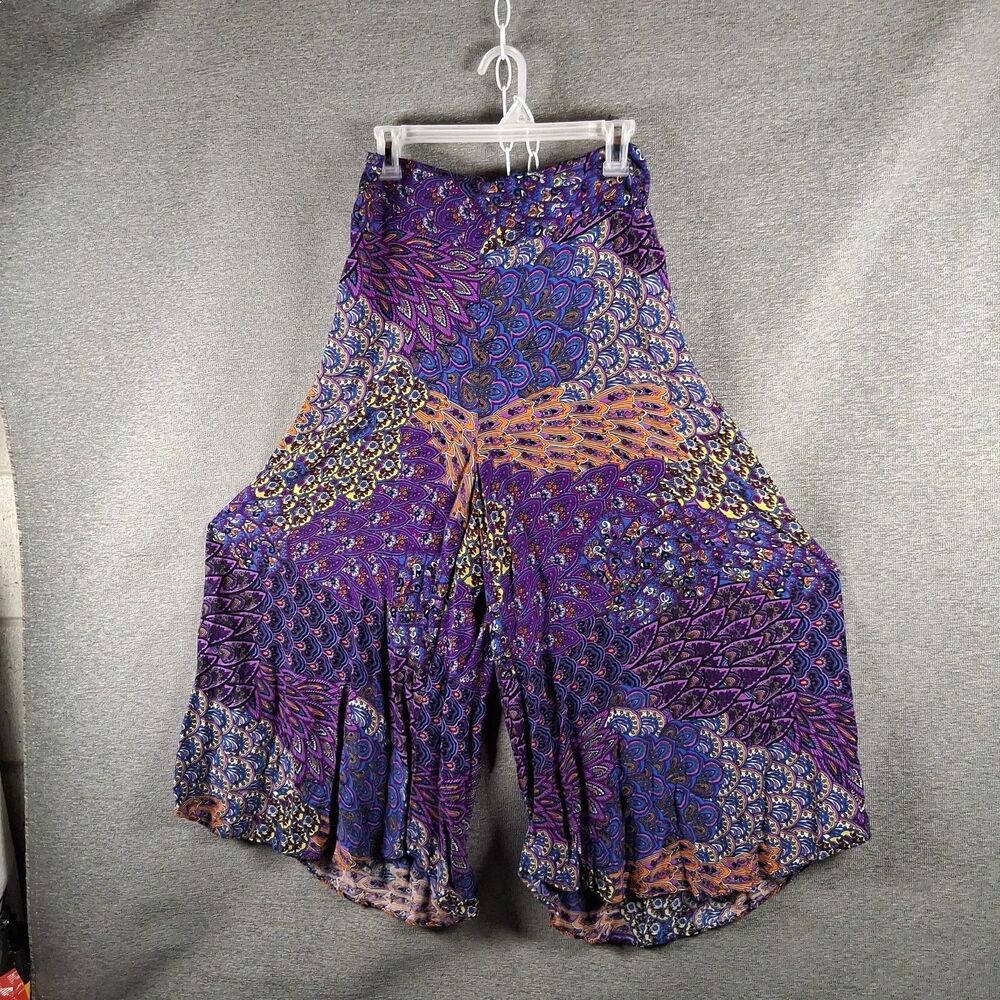 Lannaclothesdesign Purple Peacock Boho Palazzo Pants Large Rayon Hippie Festival